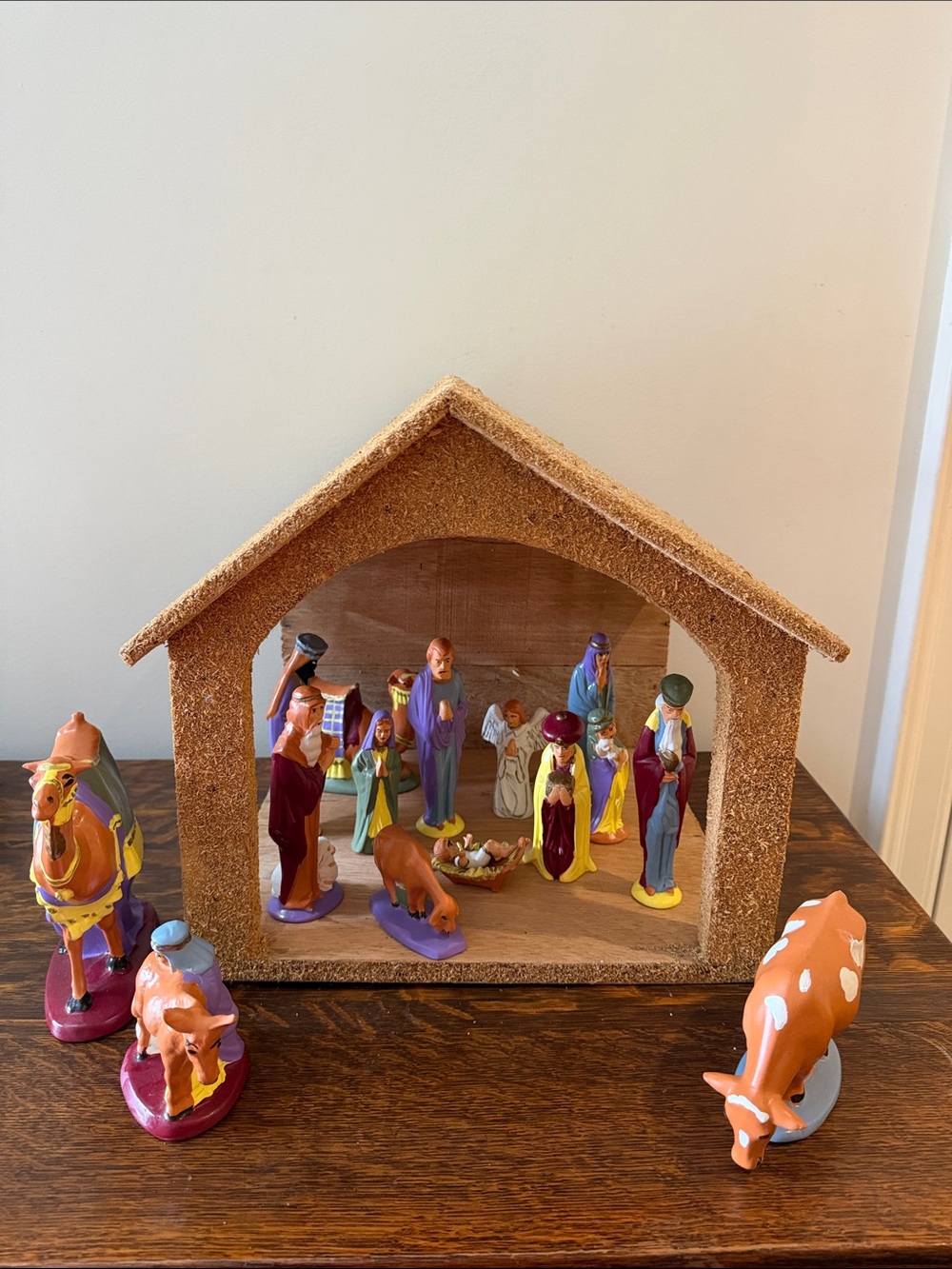Hand-Painted Ceramic Nativity Set with Rustic Stable - Multi-Color